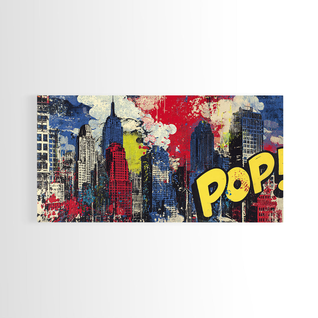 Comic Book City Skyline Canvas Print, Pop Art, Custom Portrait, Living Room Decor, Abstract Art, Pop, Mexican Art, Modern Art, POP-2x1-49