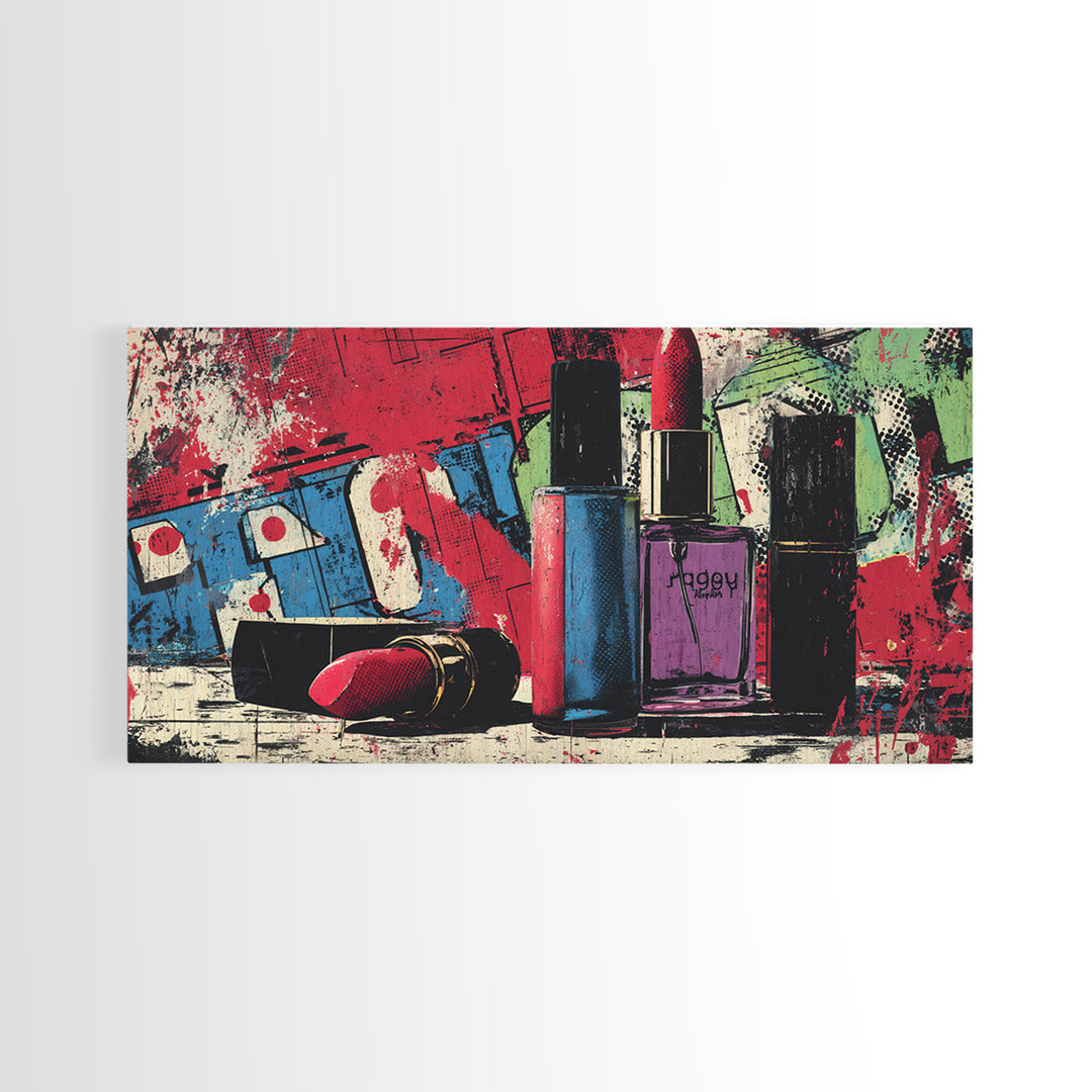 Lipstick and Perfume Fashion Still Life Canvas Print, Pop Art, Custom Portrait, Living Room Decor, Fine Art, Pop, Mexican Art, POP-2x1-64