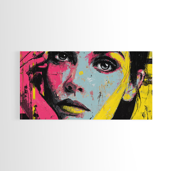 Neon Portrait with Thick Black Outlines Framed Canvas Print, Pop Art, Canvas, Living Room Decor, Oil Painting, Pop, Food Art, POP-2x1-72