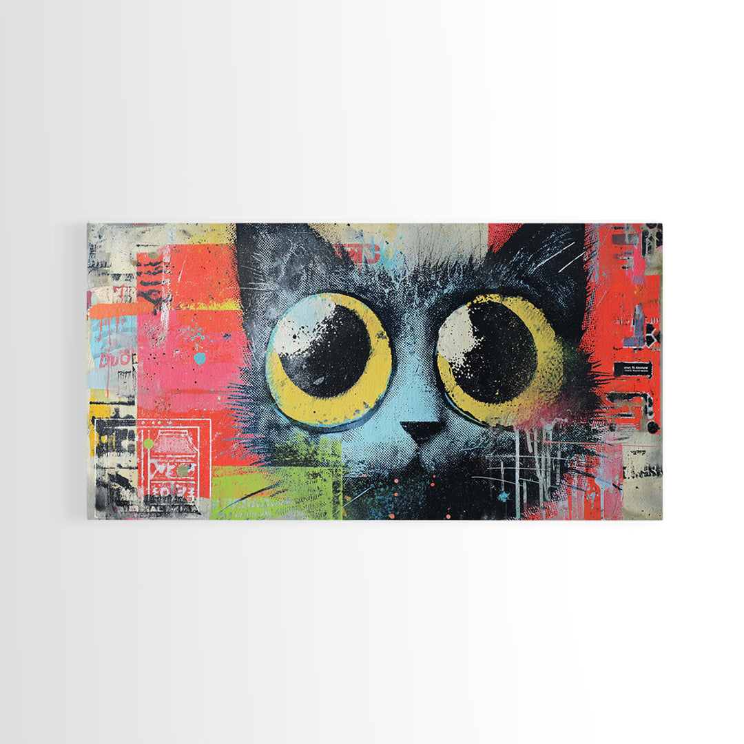 Comic Cat with Oversized Eyes Framed Canvas Print, Pop Art, Home Decor, Living Room Decor, Fine Art, Pop, Canvas Wall Art, POP-2x1-86
