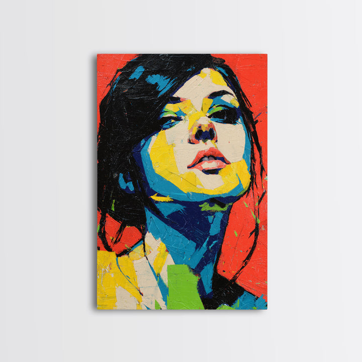Neon Portrait with Thick Black Outlines Framed Canvas Print, Pop Art, Minimalist Decor, Living Room Decor, Fine Art, Pop, POP-2x3-12