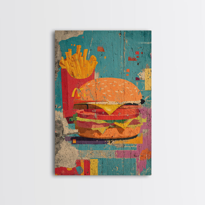 Hamburger and Fries Framed Canvas Print, Pop Art, Wall Decor, Living Room Decor, Abstract Art, Pop, Portrait, Apartment Decor, POP-2x3-17