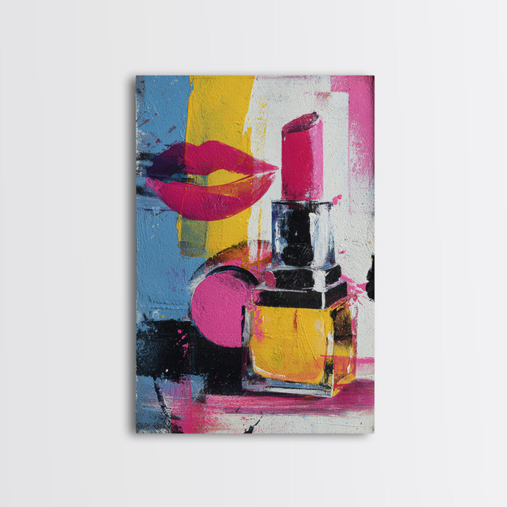 Lipstick and Perfume Fashion Still Life Framed Canvas Print, Pop Art, Canvas Wall Art, Living Room Decor, Fine Art, Pop, POP-2x3-28