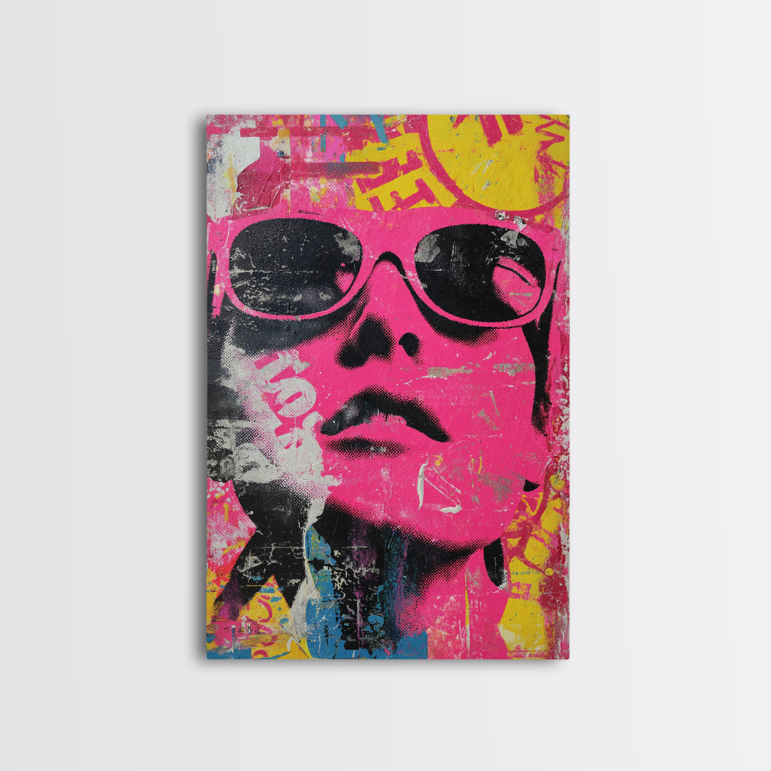 Glamorous Sunglasses Face Framed Canvas Print, Pop Art, Custom Portrait, Living Room Decor, Fine Art, Pop, Mexican Art, POP-2x3-88