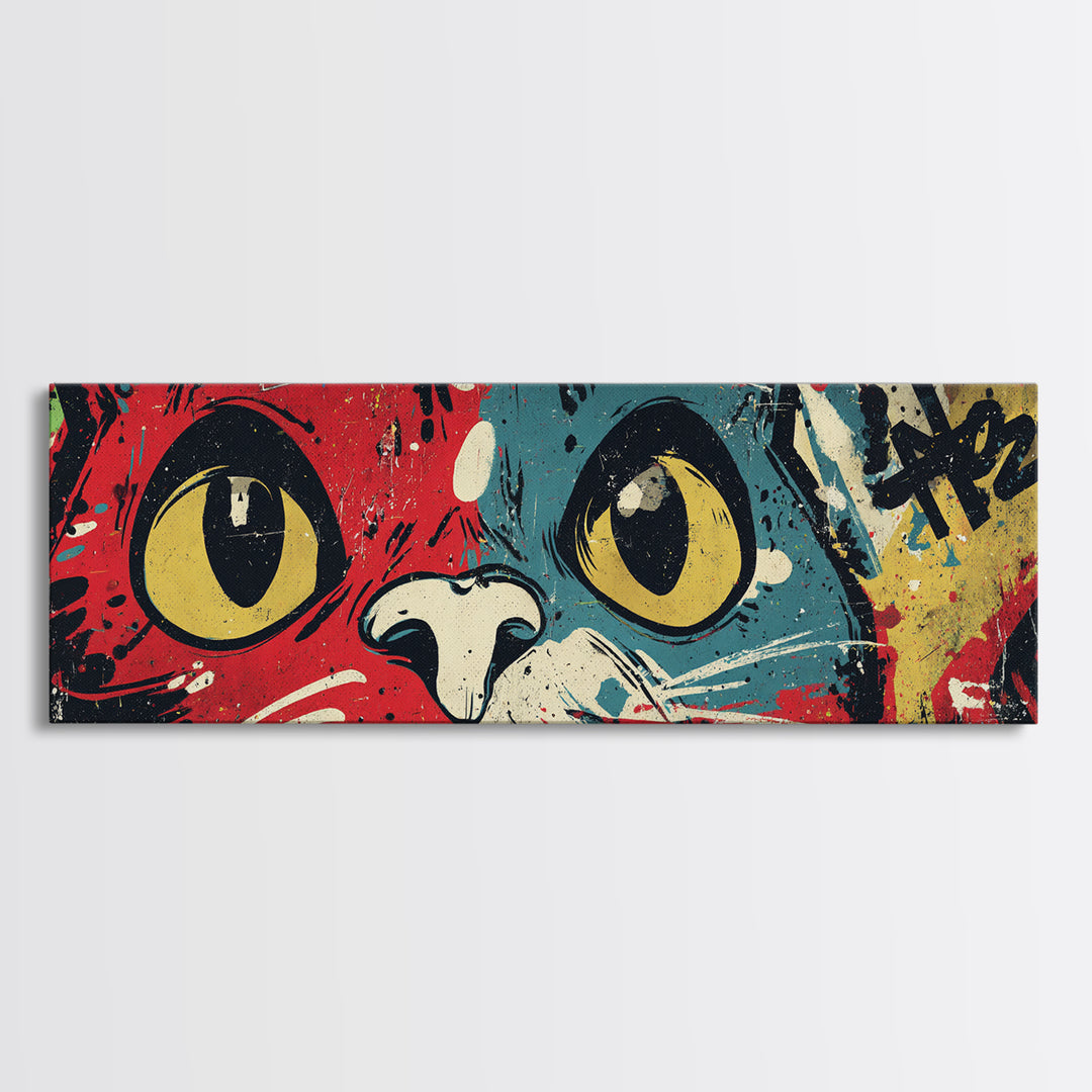 Comic Cat with Oversized Eyes Framed Canvas Print, Pop Art, Original Art, Living Room Decor, Fine Art, Pop, Original Artwork, POP-3x1-58