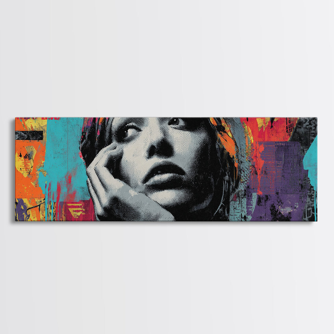 Neon Portrait with Thick Black Outlines Canvas Print, Pop Art, Painting, Living Room Decor, Fine Art, Pop, Apartment Decor, POP-3x1-92