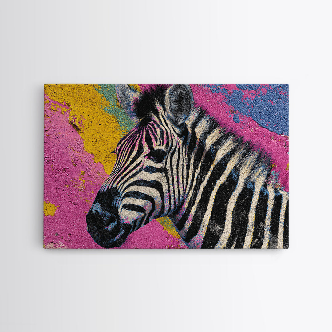 Zebra in Rainbow Pop Pattern Framed Canvas Print, Pop Art, Canvas Painting, Living Room Decor, Watercolor Art, Pop, POP-3x2-41