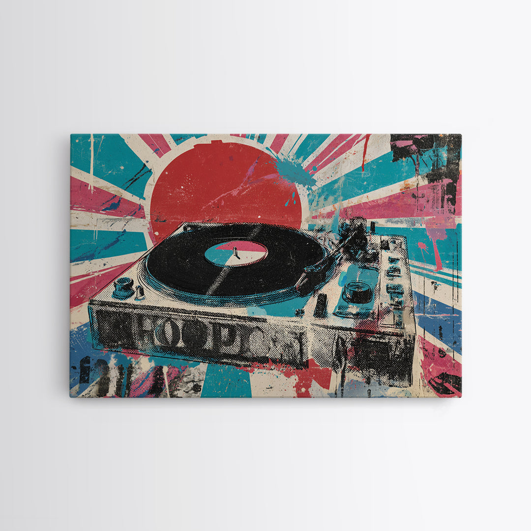 Record Player with Graphic Sound Rays Framed Canvas Print, Pop Art, Bedroom Decor, Living Room Decor, Oil Painting, Pop, POP-3x2-74