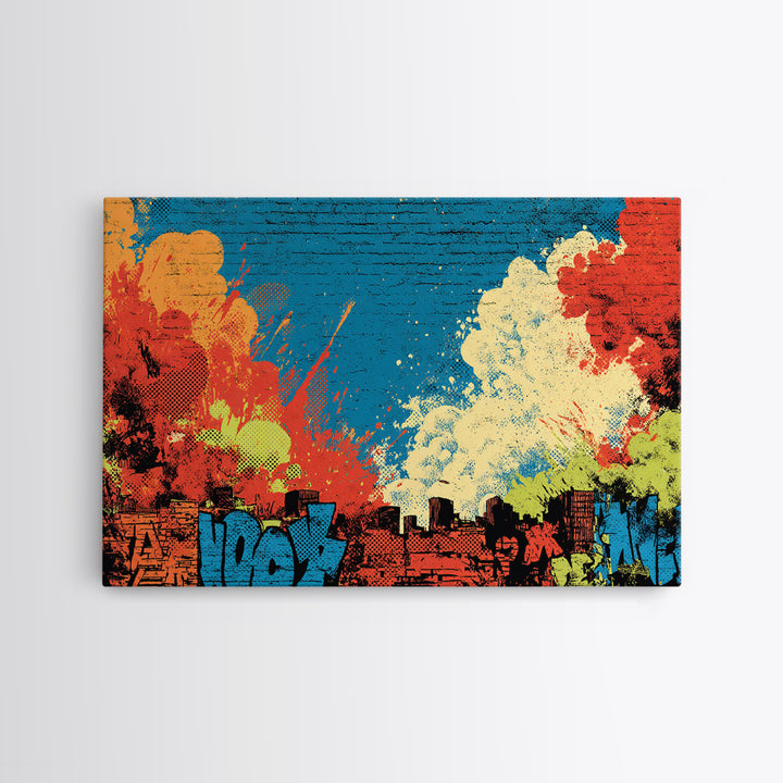 Comic Book City Skyline Framed Canvas Print, Pop Art, Football Wall Art, Living Room Decor, Abstract Art, Pop, Art Print, POP-3x2-81
