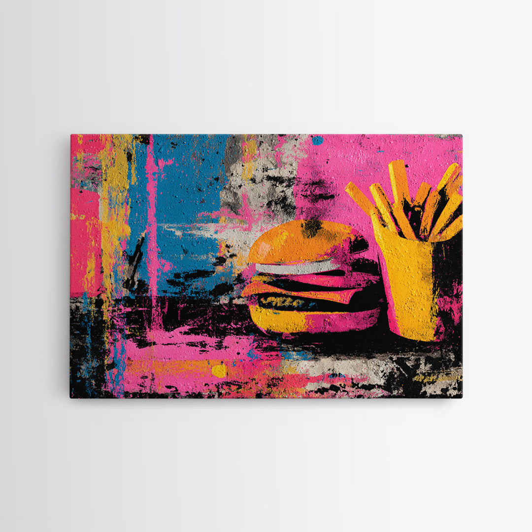 Hamburger and Fries Framed Canvas Print, Pop Art, Party Decor, Living Room Decor, Fine Art, Pop, Textured Painting, POP-3x2-85