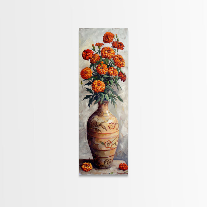 Orange Marigolds in Vase Painted on Textured Canvas, Tall and Narrow Framed Art, Botanical Art Print for Kitchen, Gallery Art, Moody Art