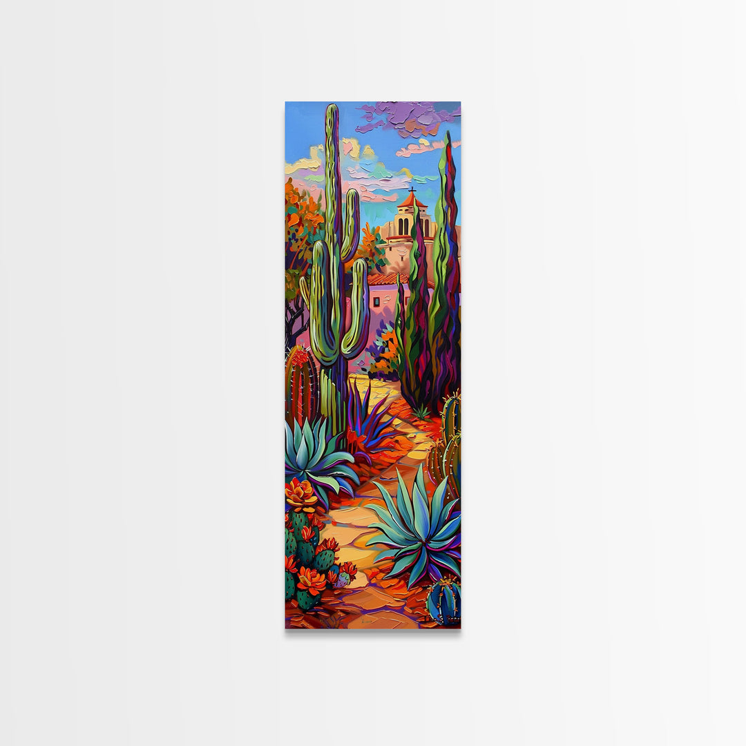 Printed Gouache Style Canvas Painting of Desert Landscape, Framed Narrow Wall Art, Mexican Landscape Art Print, Living Room Art Print