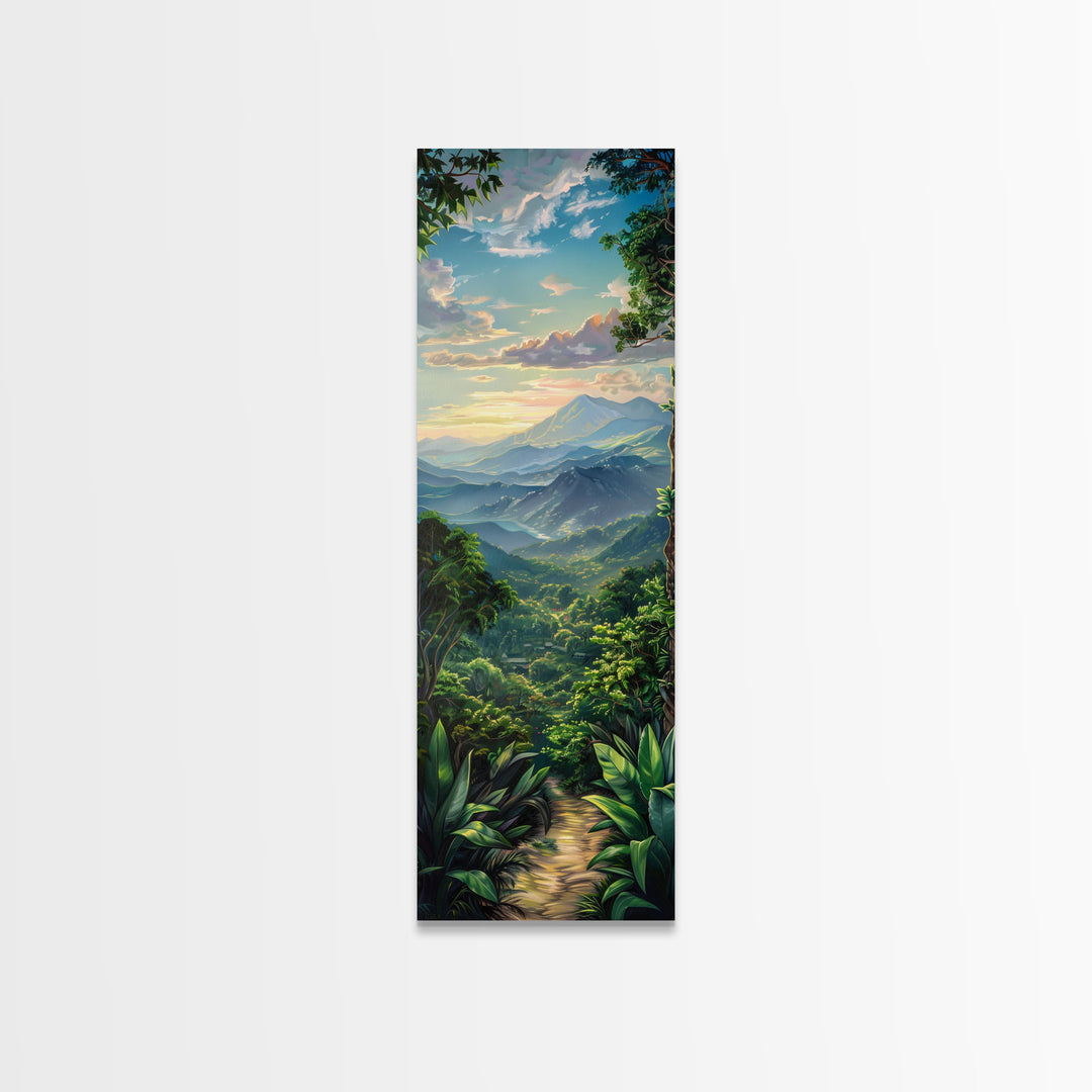 Jungle Landscape Canvas Painting, Tropical Wall Art Print, Mountain Art Printed on Framed Canvas, Oversized Narrow Landscape Art