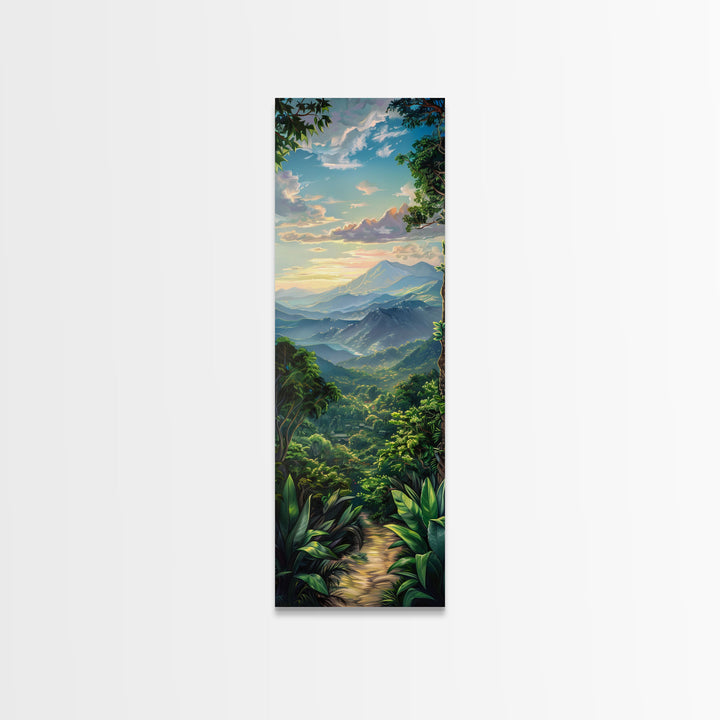 Jungle Landscape Canvas Painting, Tropical Wall Art Print, Mountain Art Printed on Framed Canvas, Oversized Narrow Landscape Art