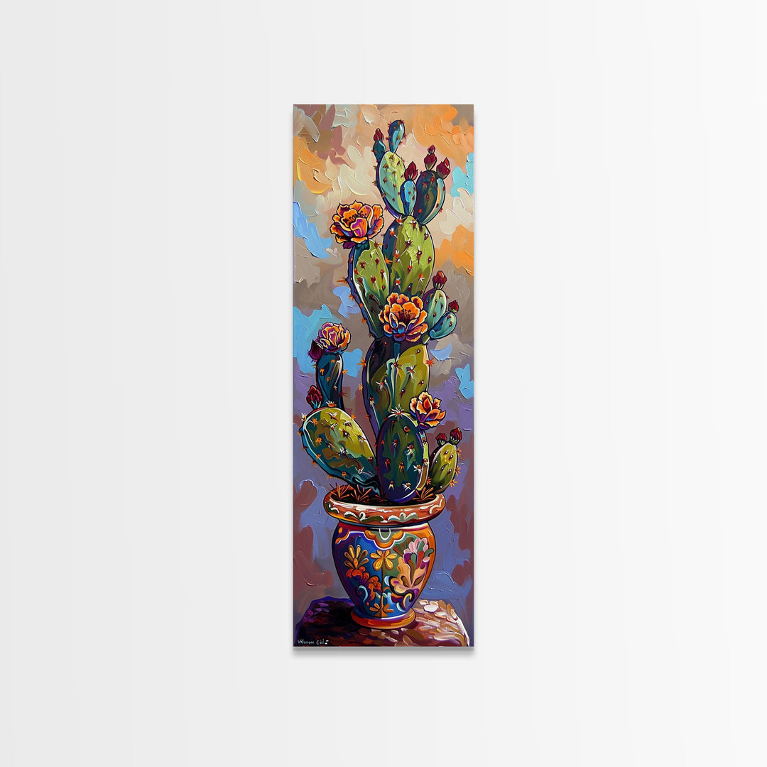 Cactus Canvas Printed and Framed Art, Colorful Botanical Wall Art, Desert Art Print, Vertical Narrow Wall Art, Art Print for Kitchen