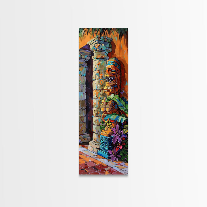 Colorful Tiki Wall Art Print Framed on Canvas, Long Narrow Wall Art for Beach House, Beach Themed Decor, Textured Canvas Painting Printed