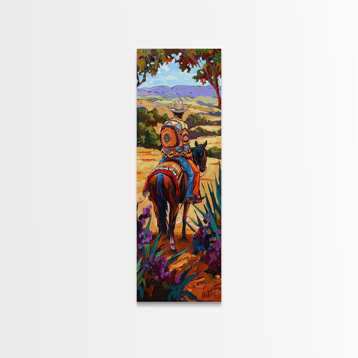 Long Narrow Wall Art Painting of Jalisco Cowboy, Southwest Wall Art Painting, Colorful Desert Canvas Painting Framed and Printed, Office Art