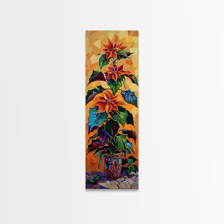 Oversized Spanish Style Poinsettia Canvas Painting Framed and Printed, Botanical Wall Art, Textured Canvas Painting, Vertical Framed Art