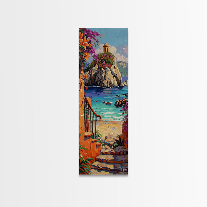 Coastal Wall Art Framed and Printed on Canvas, Surf Wall Art, Textured Canvas Painting Framed, Narrow Modern Wall Art for Office