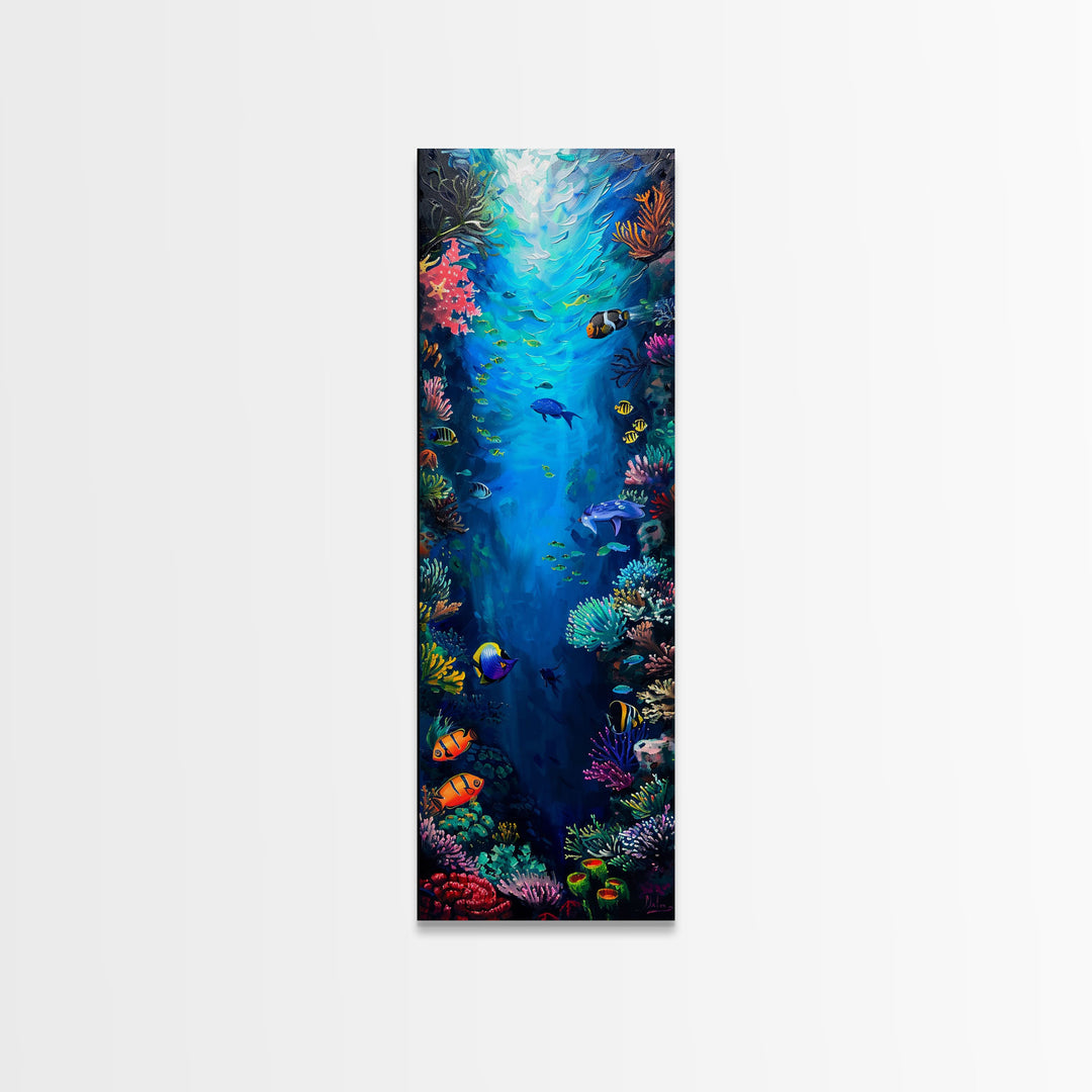Oversized Vertical Framed Canvas Painting of Colorful Coral Reef, Ocean Painting Framed, Ocean Landscape Wall Art Print, Vibrant Art
