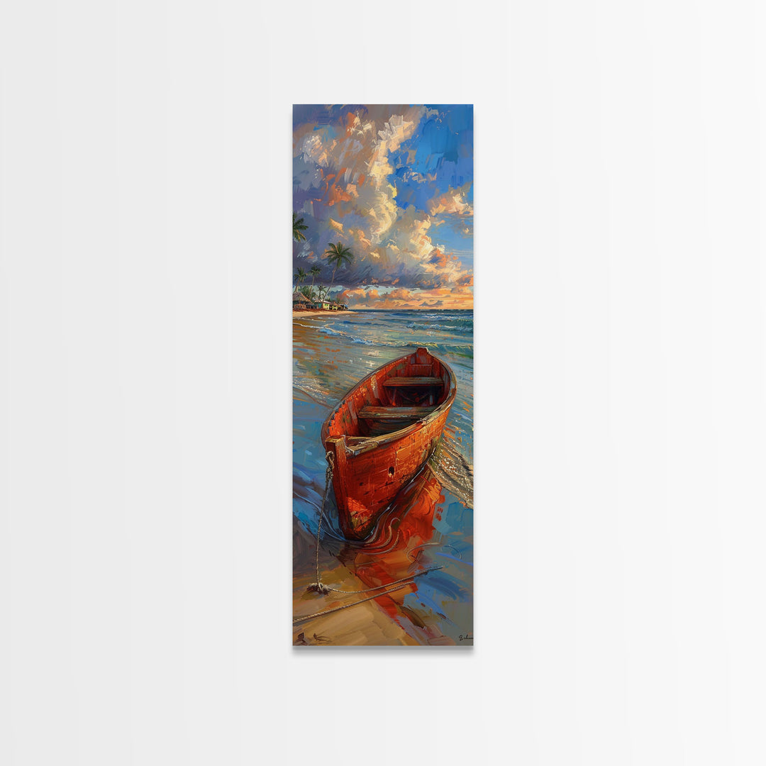 Red Boat on Sandy Shore with Palm Trees - Framed Canvas Print, Midcentury Modern Wall Art, Skinny Art, Tall Art, Living Room Decor