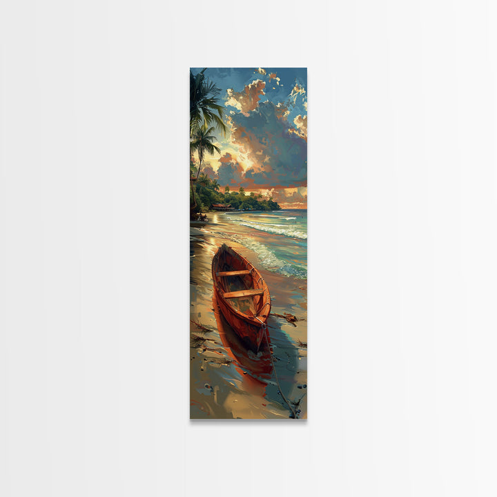 Red Boat Resting on the Shoreline - Framed Canvas Print, Midcentury Modern Wall Art, Skinny Art, Tall Art, Living Room Decor