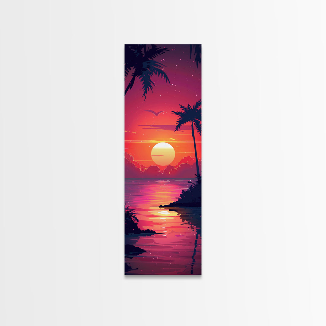Retro Tropical Sunset Midcentury Modern Art - Framed Canvas Print, Boho Art, Skinny Art, Living Room Art, Bedroom Decor, Coastal Wall Art