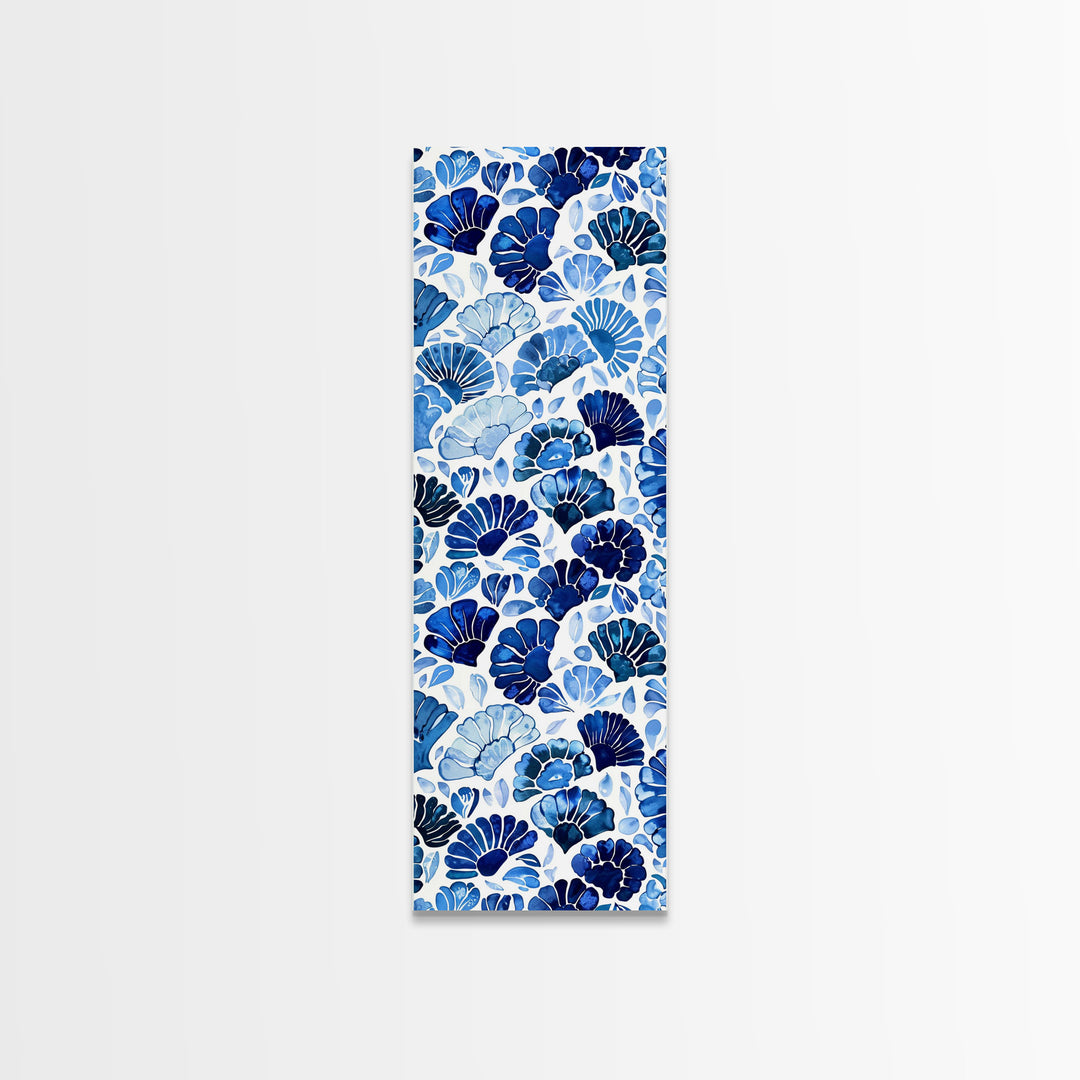Blue and White Floral Pattern on White Background - Framed Canvas Print, Boho Art, Skinny Art, Tall Art, Midcentury Modern Art, Bedroom Wall Decor