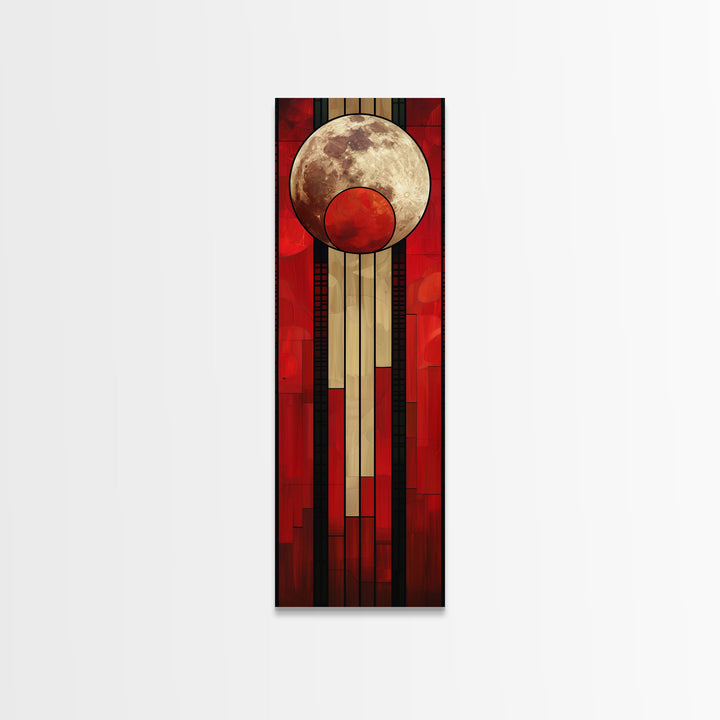 Lunar and Sun Geometric Art in Red and Beige Tones - Framed Canvas Print, Midcentury Modern Art, Skinny Art, Tall Art, Living Room Wall Decor