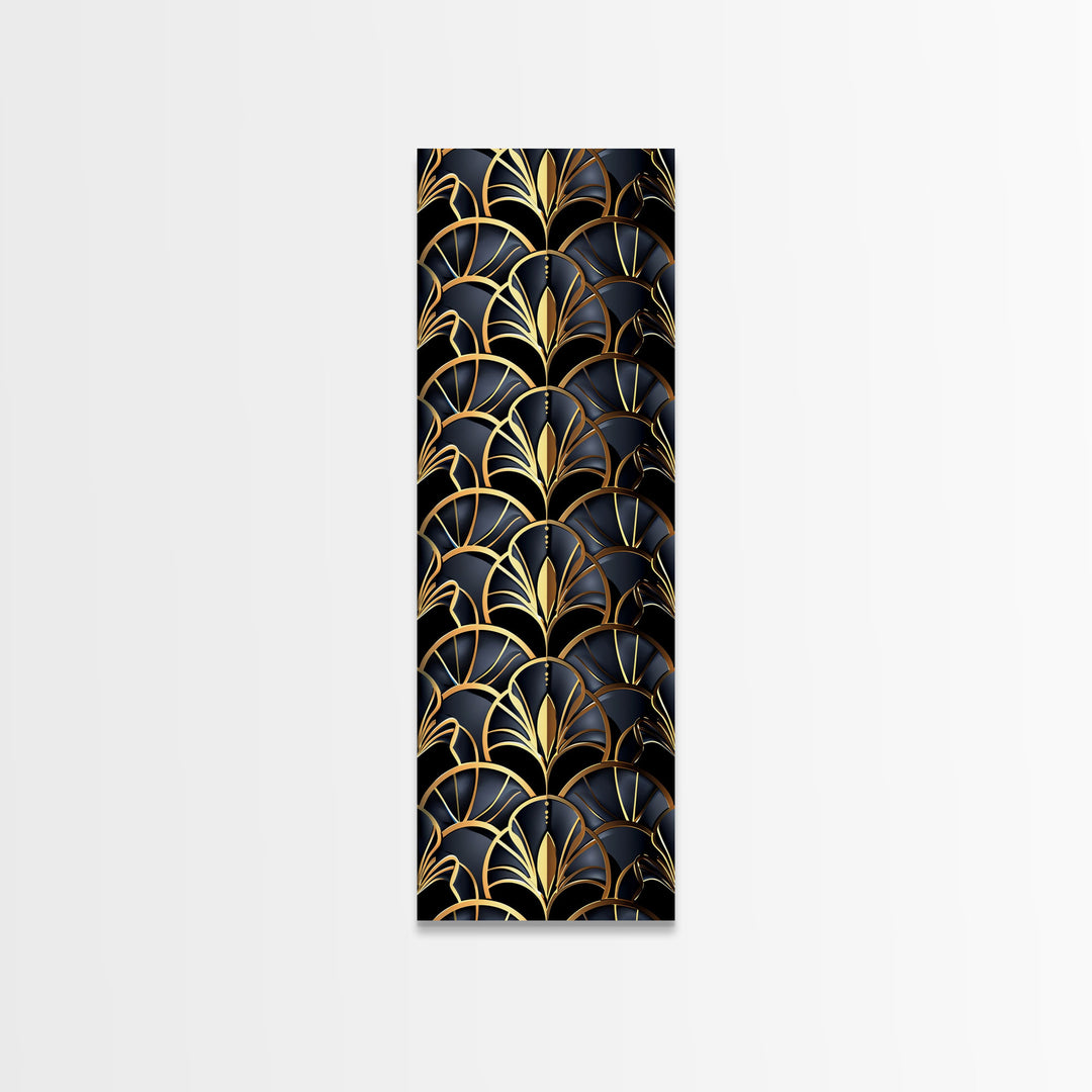 Gold Art Deco Pattern on Black Background - Framed Canvas Print, Midcentury Modern Art, Skinny Art, Tall Art, Living Room Wall Decor, Minimalist Art