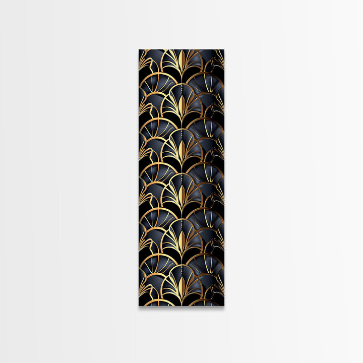 Gold Art Deco Pattern on Black Background - Framed Canvas Print, Midcentury Modern Art, Skinny Art, Tall Art, Living Room Wall Decor, Minimalist Art