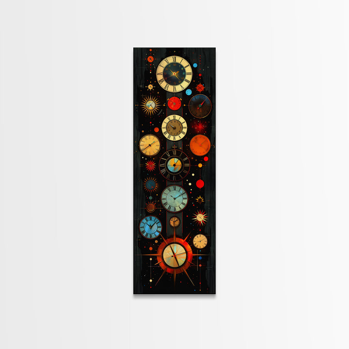 Interdimensional Wall Art, Retro Art Deco Clocks, Framed Canvas Print, Surrealist Decor