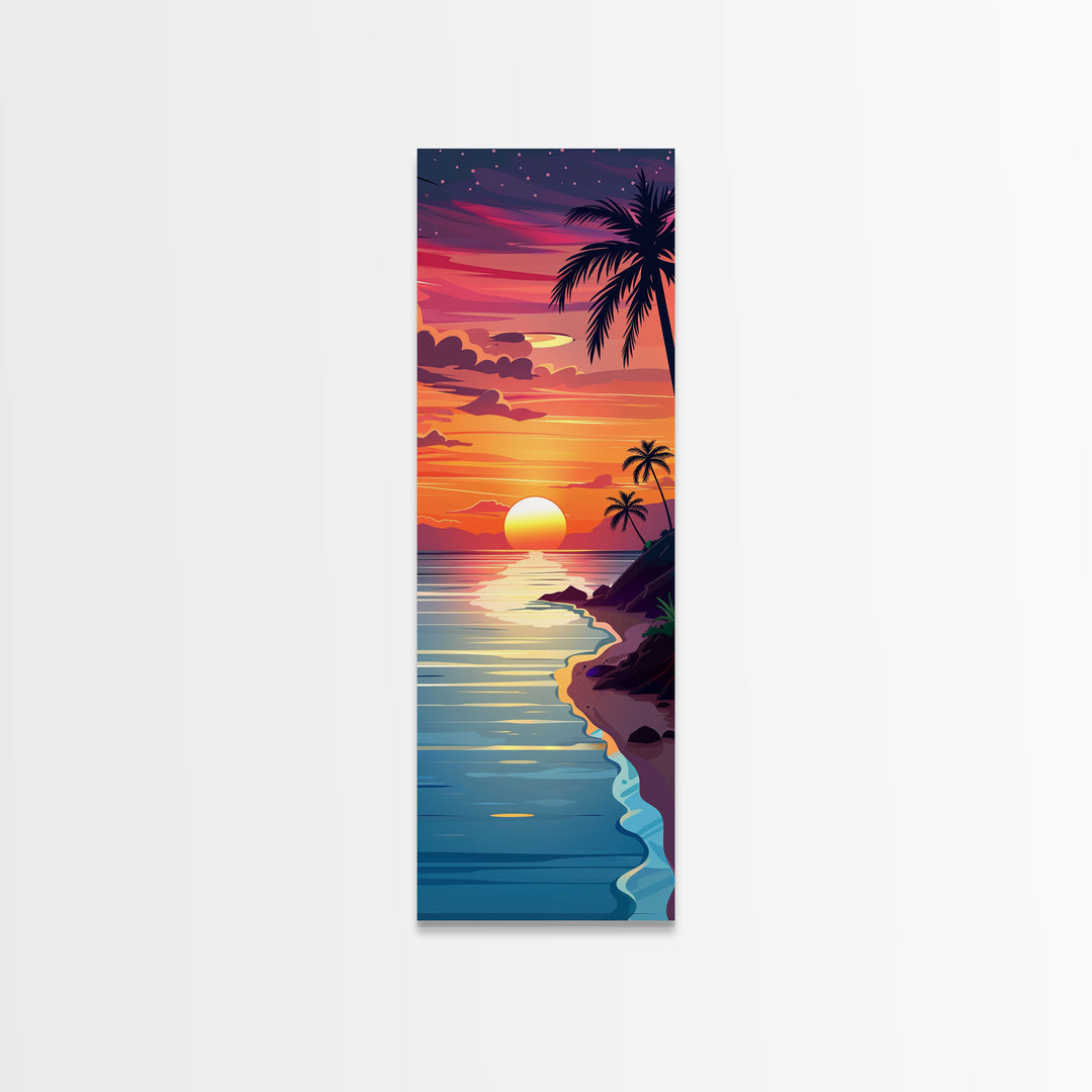 Coastal Sunset Palm Trees Midcentury Modern Art - Framed Canvas Print, Boho Art, Skinny Art, Living Room Art, Bedroom Decor, Tropical Landscape