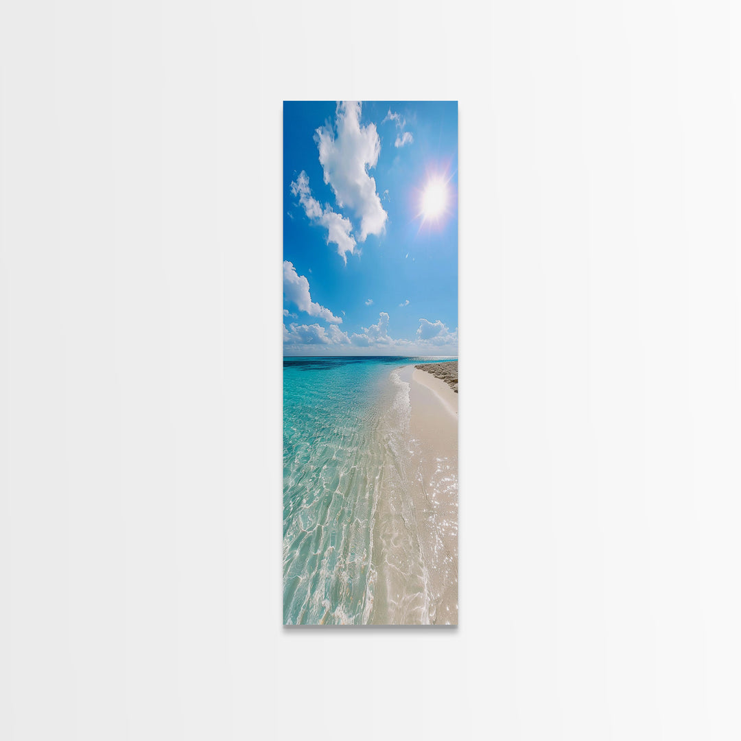 Serene Coastal Shoreline Landscape Painting in Blue and Orange Hues, Modern Framed Canvas Print, Ideal for Contemporary Wall Art Décor