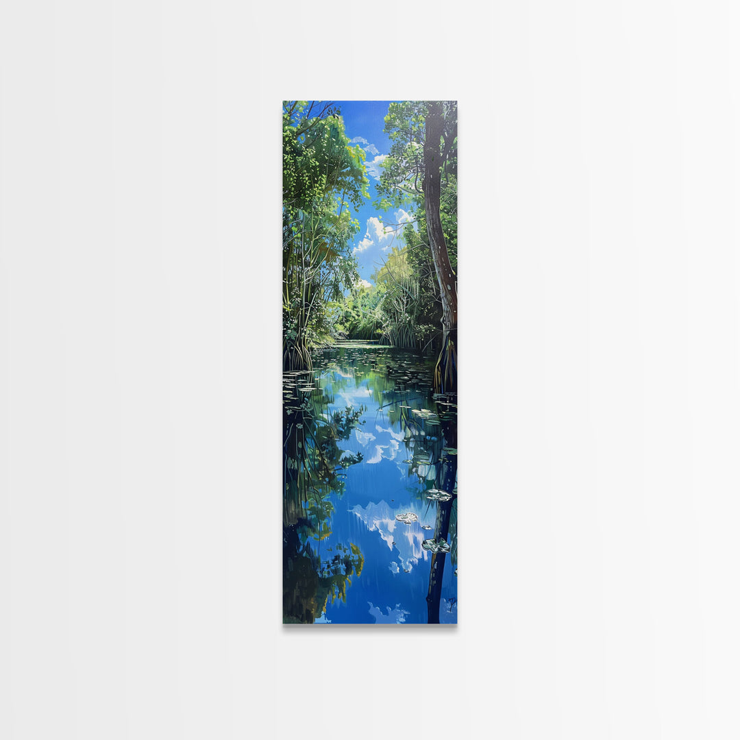 Majestic Waterfall In A Tropical Jungle Skinny Art Framed Canvas Print For Living Room Or Guest Room Wall Art