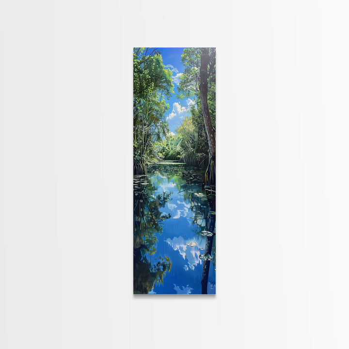 Majestic Waterfall In A Tropical Jungle Skinny Art Framed Canvas Print For Living Room Or Guest Room Wall Art