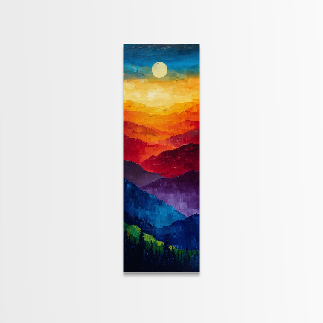 Colorful Mountains Under Moonlight - Framed Canvas Print, Skinny Tall Art, Wall Art for Living Room, Bedroom Decor, Landscape Painting, Panoramic Art