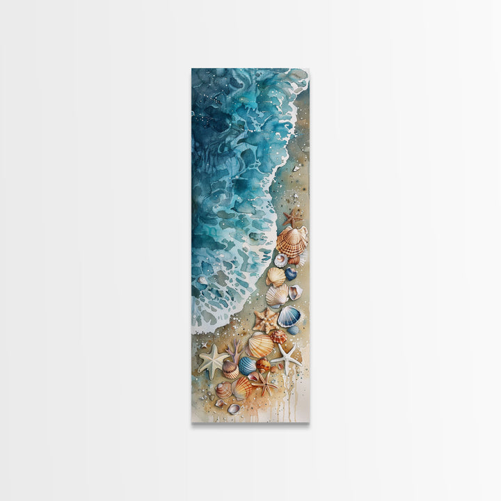Coastal Beach Watercolor Painting - Framed Canvas Print, Skinny Tall Art, Wall Art for Living Room, Bedroom Decor, Beach Scene Art, Ocean View Print
