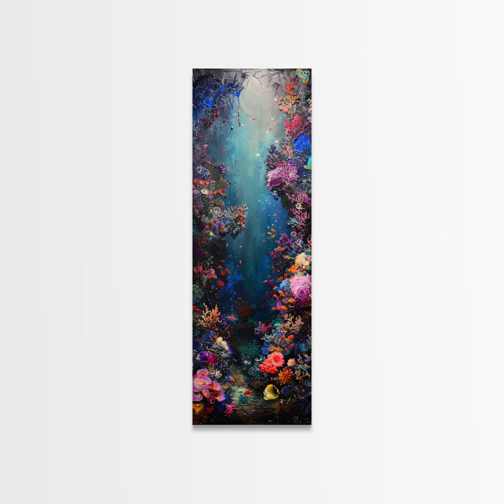 Deep Sea Adventure with Colorful Coral Reefs, Skinny and Tall Art, Stunning Framed Canvas Print, Underwater Landscape Wall Art