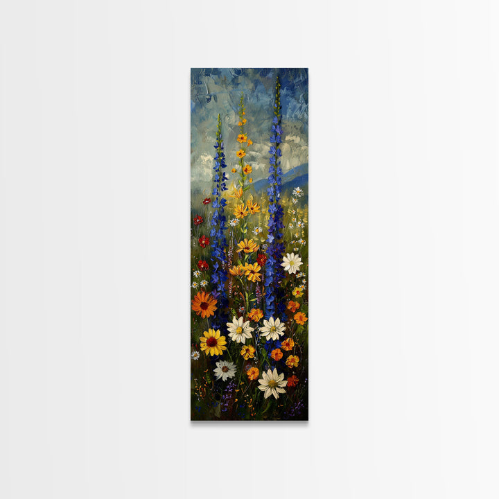 Lush Wildflowers in a Vibrant Meadow, Skinny and Tall Art, Colorful Floral Landscape, Framed Canvas Print, Nature Lovers