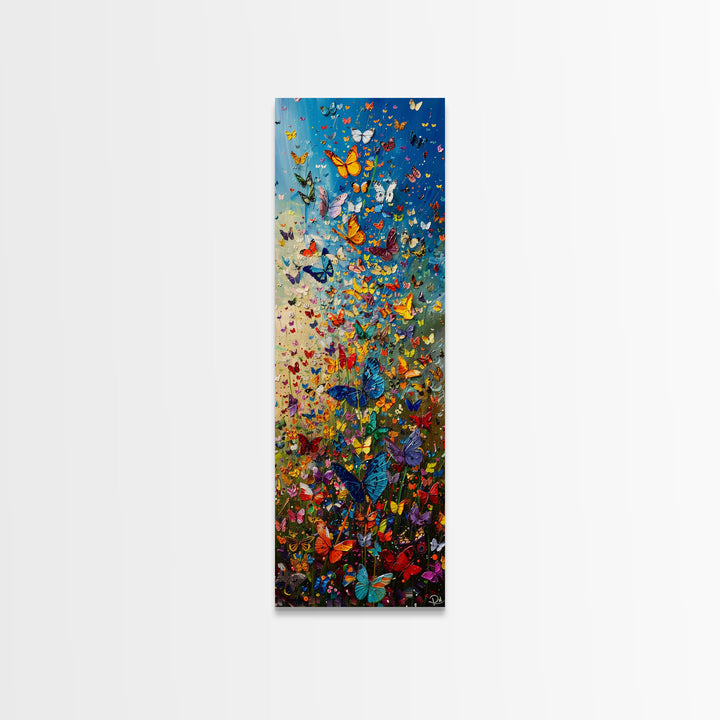 Burst of Colorful Butterflies in a Floral Meadow, Skinny and Tall Art, Energetic Framed Canvas Print, Vibrant Wall Art