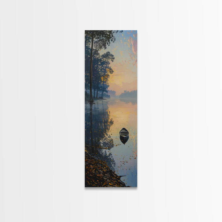 Calm River Reflection with a Lone Boat, Skinny and Tall Art, Serene Landscape Framed Canvas Print, Tranquil Wall Art