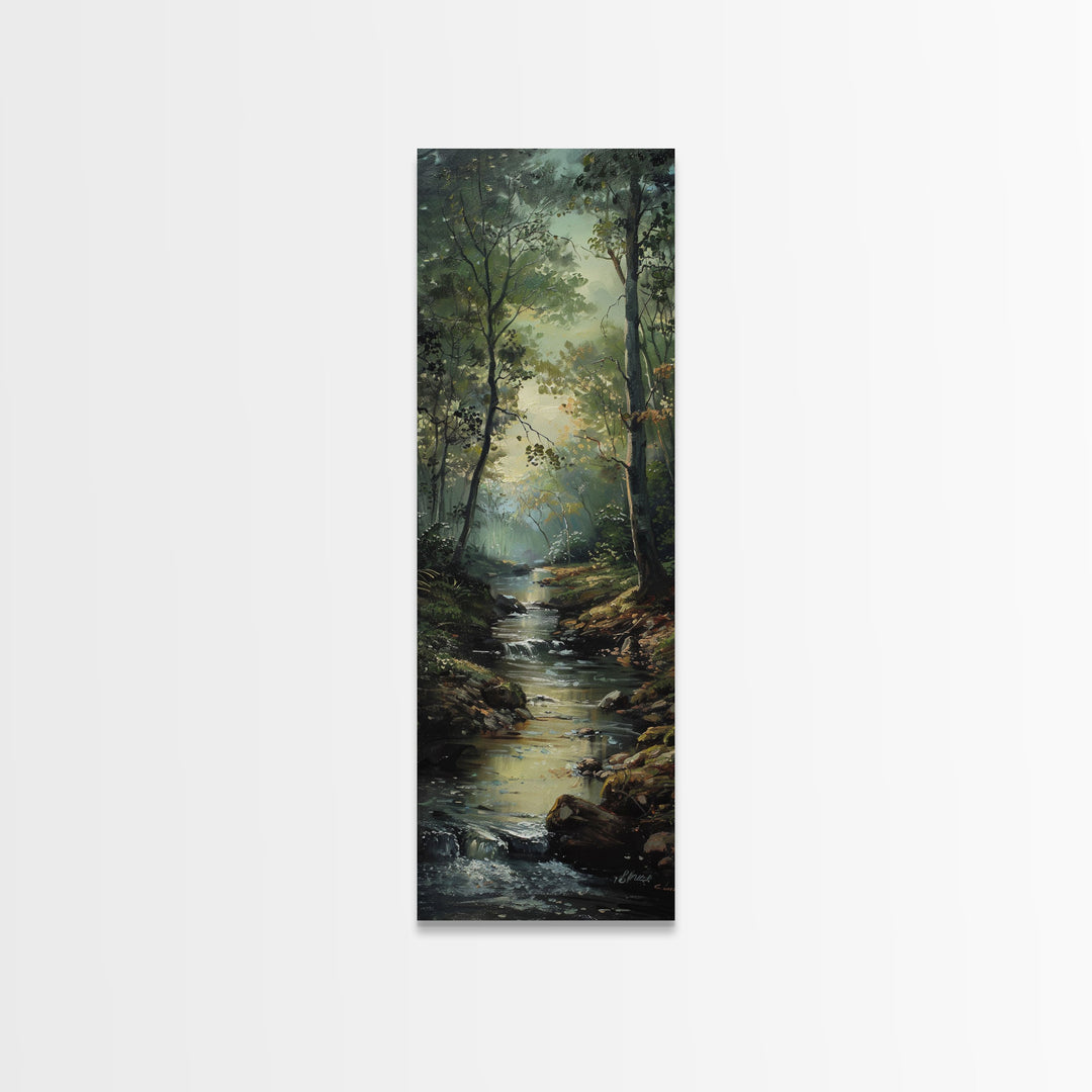 Peaceful Forest Stream in the Early Morning Light, Skinny and Tall Art, Framed Canvas Print, Cozy Wall Art Decor