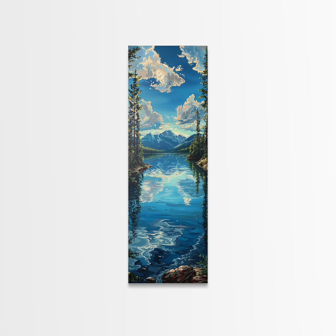 Framed Canvas Print Skinny Art of a Clear Lake Surrounded by Pine Trees with Majestic Mountains in the Distance Under a Blue Sky, Ideal Tall Landscape Art