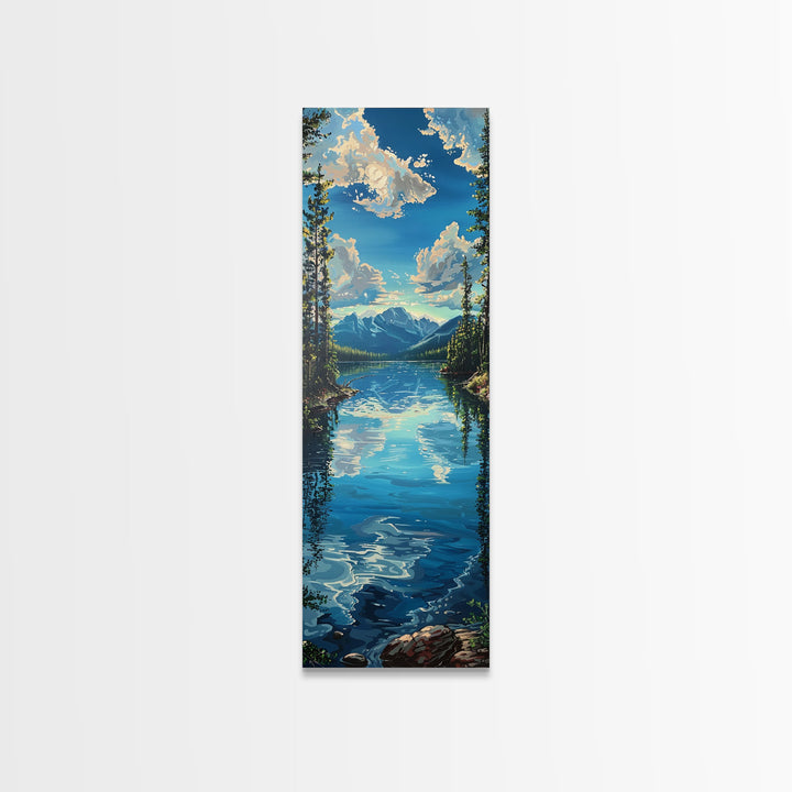 Framed Canvas Print Skinny Art of a Clear Lake Surrounded by Pine Trees with Majestic Mountains in the Distance Under a Blue Sky, Ideal Tall Landscape Art