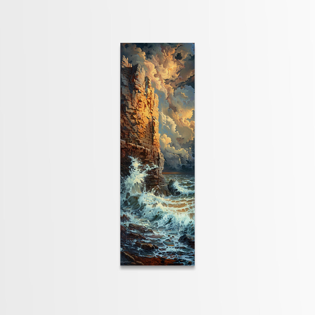Majestic Cliffside and Crashing Waves in a Coastal Landscape on a Framed Canvas Print Tall Art Piece