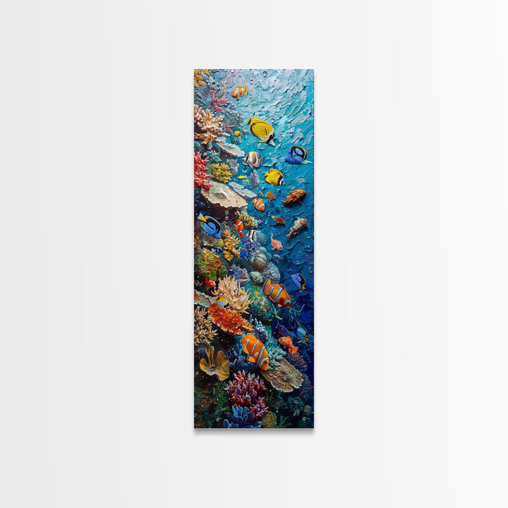 Vibrant Coral Reef Underwater Scene Featuring Diverse Tropical Fish on a Framed Canvas Print Skinny Art Piece