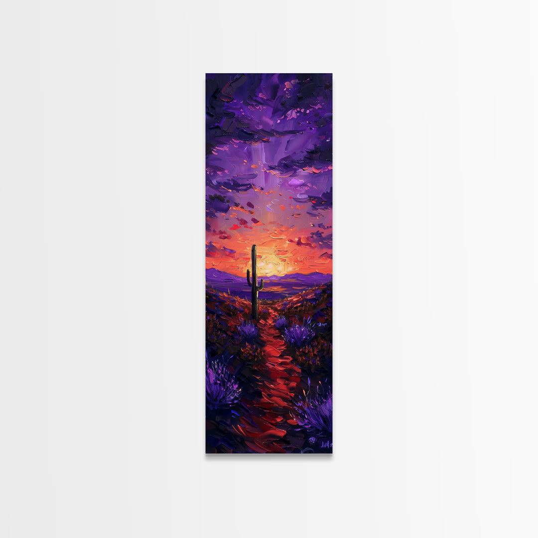 Colorful Sunset Over a Desert Landscape with a Saguaro Cactus and Dramatic Sky on a Framed Canvas Print Skinny Art Piece