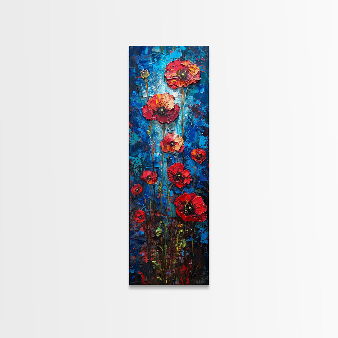 Red Poppies on Textured Blue Canvas as Tall Skinny Art Framed Canvas Print Perfect for Bold Wall Decor in Modern Spaces