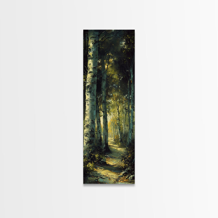 Serene Birch Tree Pathway in Tall Skinny Art Framed Canvas Print Perfect for Tranquil Wall Decor in Bedrooms or Study Rooms